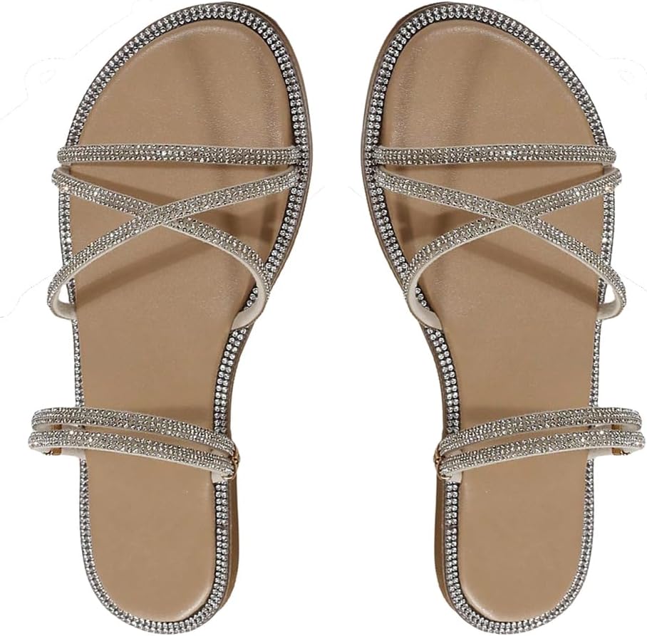 61AVW2C452L._AC_SL1500_.jpg Women Rhinestone Strappy Open Toe Slide Sandals Slip on Casual Flat Sandals - Image 1