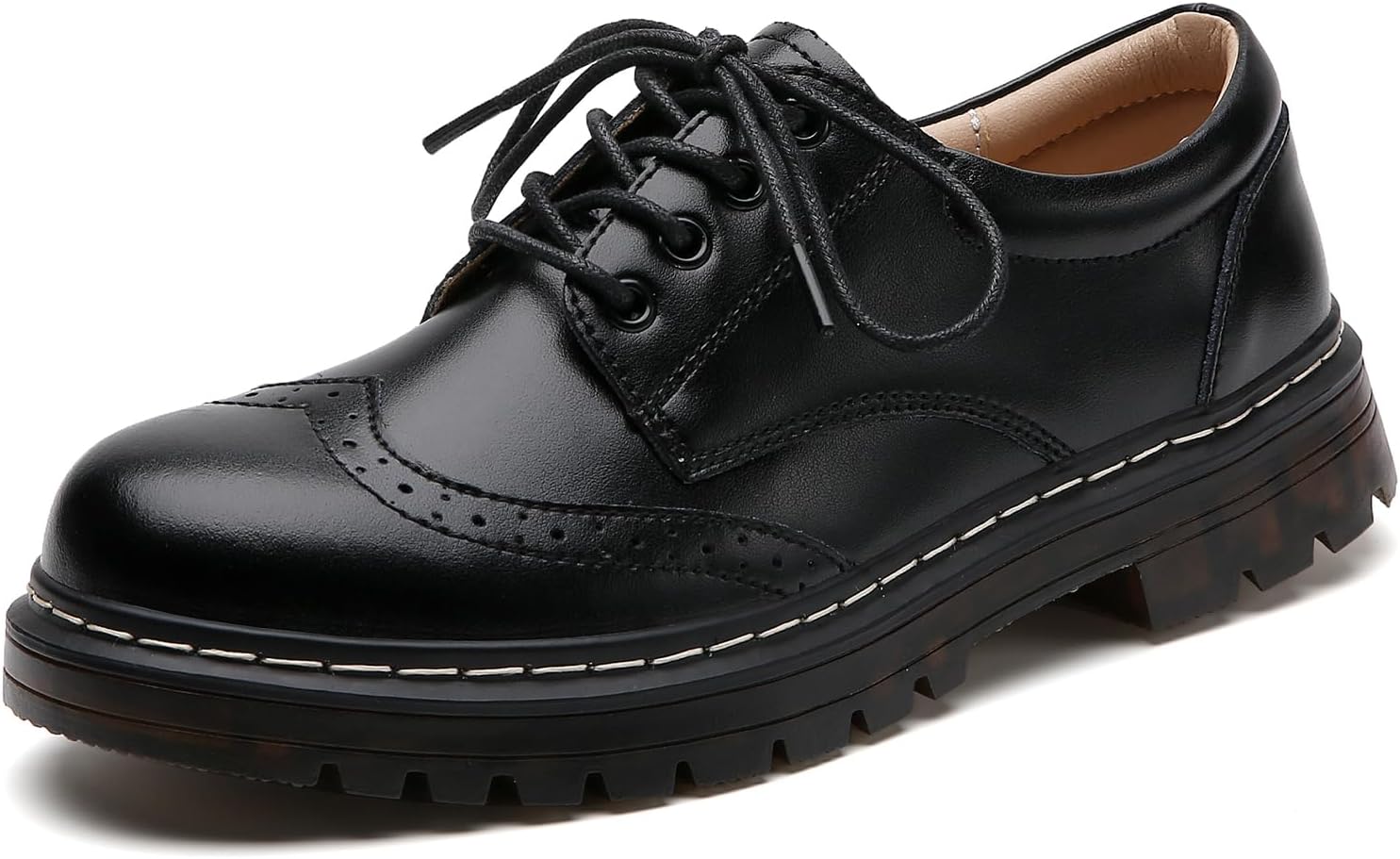 61Kg1hk195L._AC_SL1500_.jpg Women's Vintage Oxford Shoe,Perforated Lace-up Round Toe Leather Low Heel Brogues Shoe for Girls Ladies Women - Image 1
