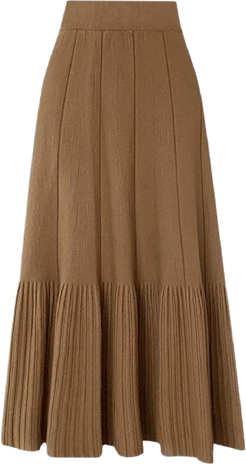 61ieVY6y2uL._AC_SL1500_.jpg Women's Ruffle Maxi Knit Pleated Skirts, High Waist Elastic Swing Flowy Skirt for Fall Winter - Image 1