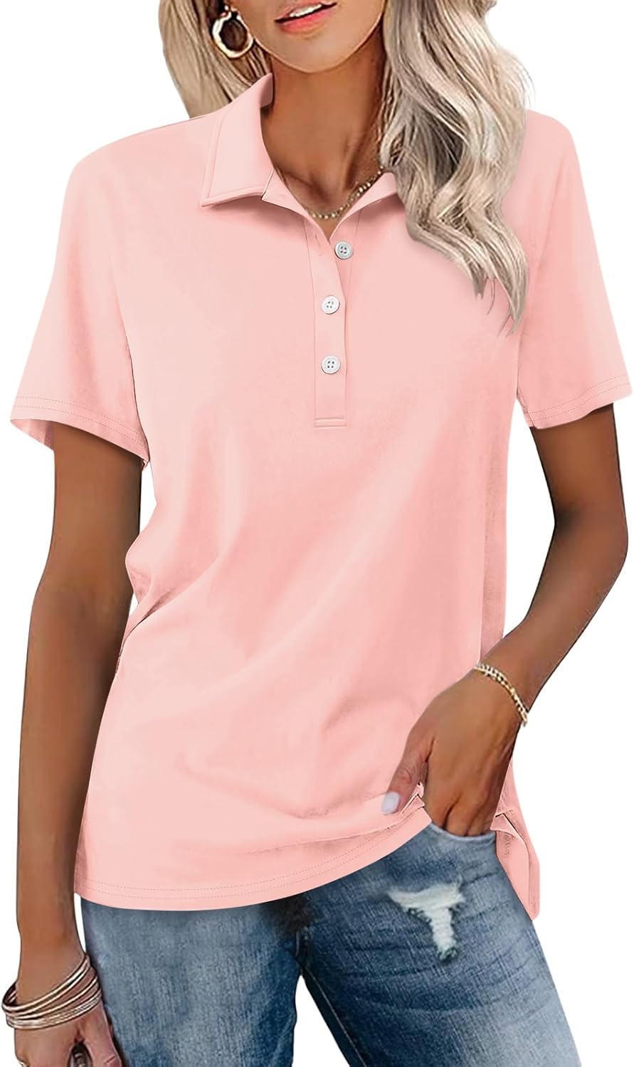 61n85qOXOpL._AC_SL1500_.jpg Womens Polo Shirts Short Sleeve Button Lapel Collared Summer Tops Business Casual Basic Tees - Image 1