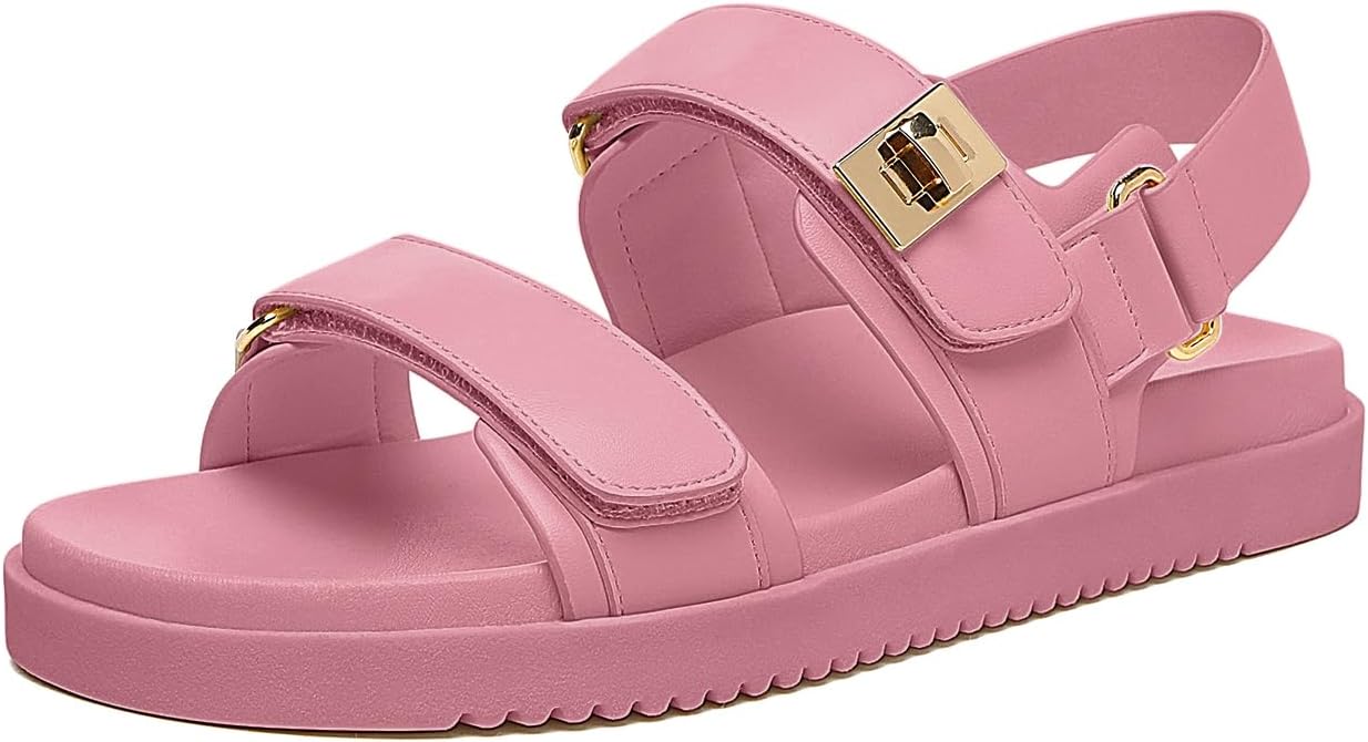 61pX6SwJMdL._AC_SL1500_.jpg Women Flat Sandals Comfort Adjustable Double Strap Slip on Leather Footbed Sandals - Image 1