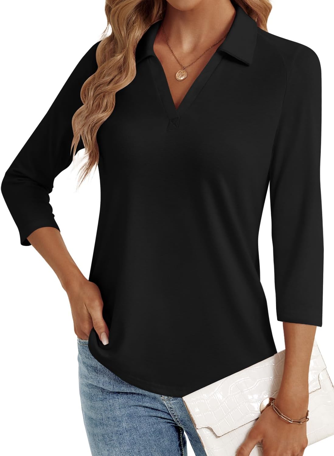 61s-ZulAIQL._AC_SL1500_.jpg 3/4 Length Sleeve Womens Tops Dressy Casual V Neck Polo Shirts Business Work Blouses Trendy Top - Image 1