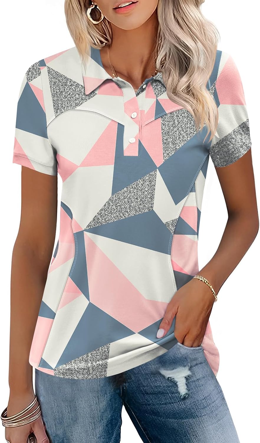 71a7r-HGDL._AC_SL1500_.jpg Womens Golf Polo Shirts Collared Short Sleeve T Shirt Lightweight Moisture Wicking Polo Casual 3 Buttons Outfits - Image 1