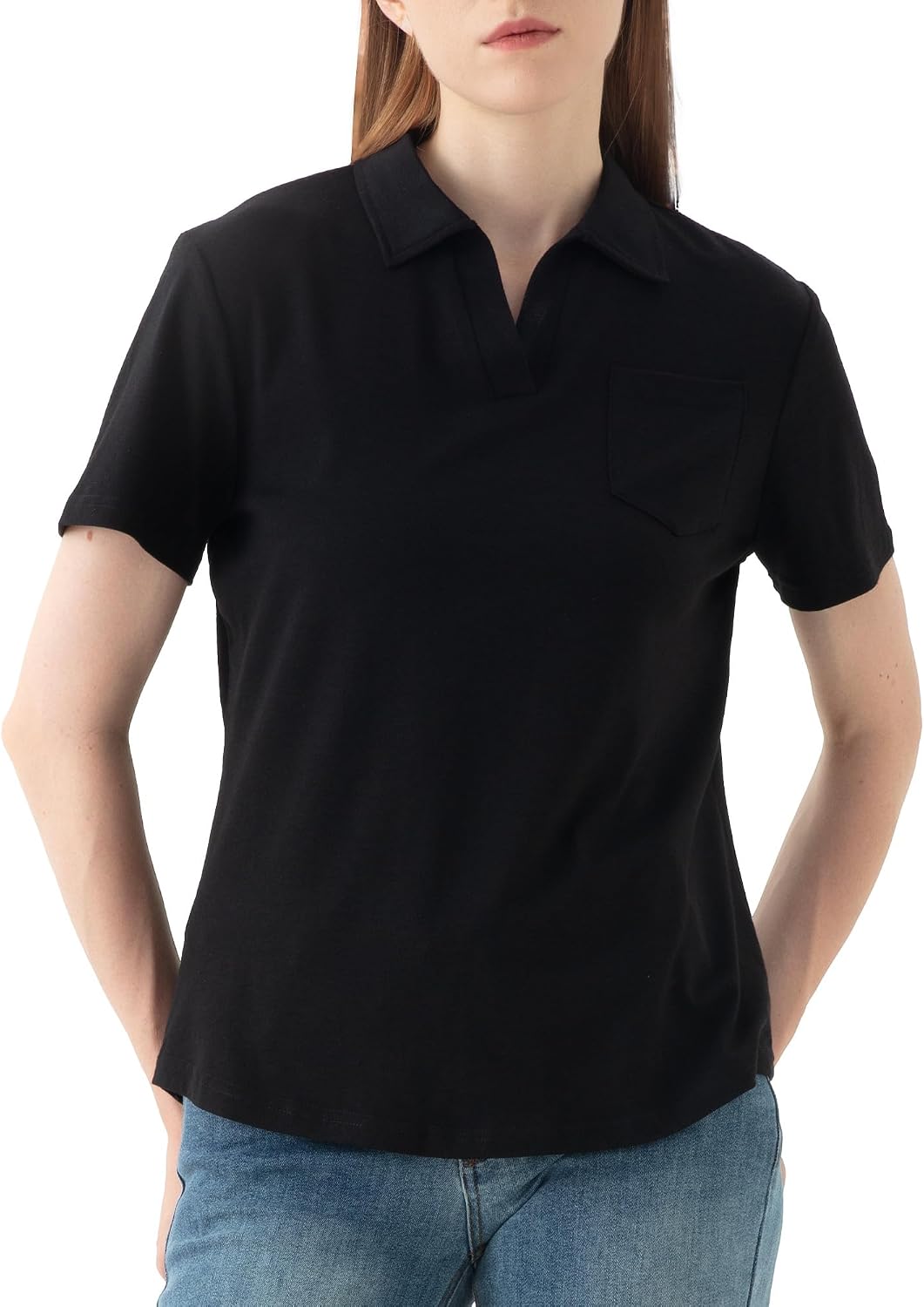 71nyJ5H2bZL._AC_SL1500_.jpg Women's V-Neck Ruffle Design Polo Shirts Short Sleeve Collared Loose Casual Blouses with Pocket - Image 1