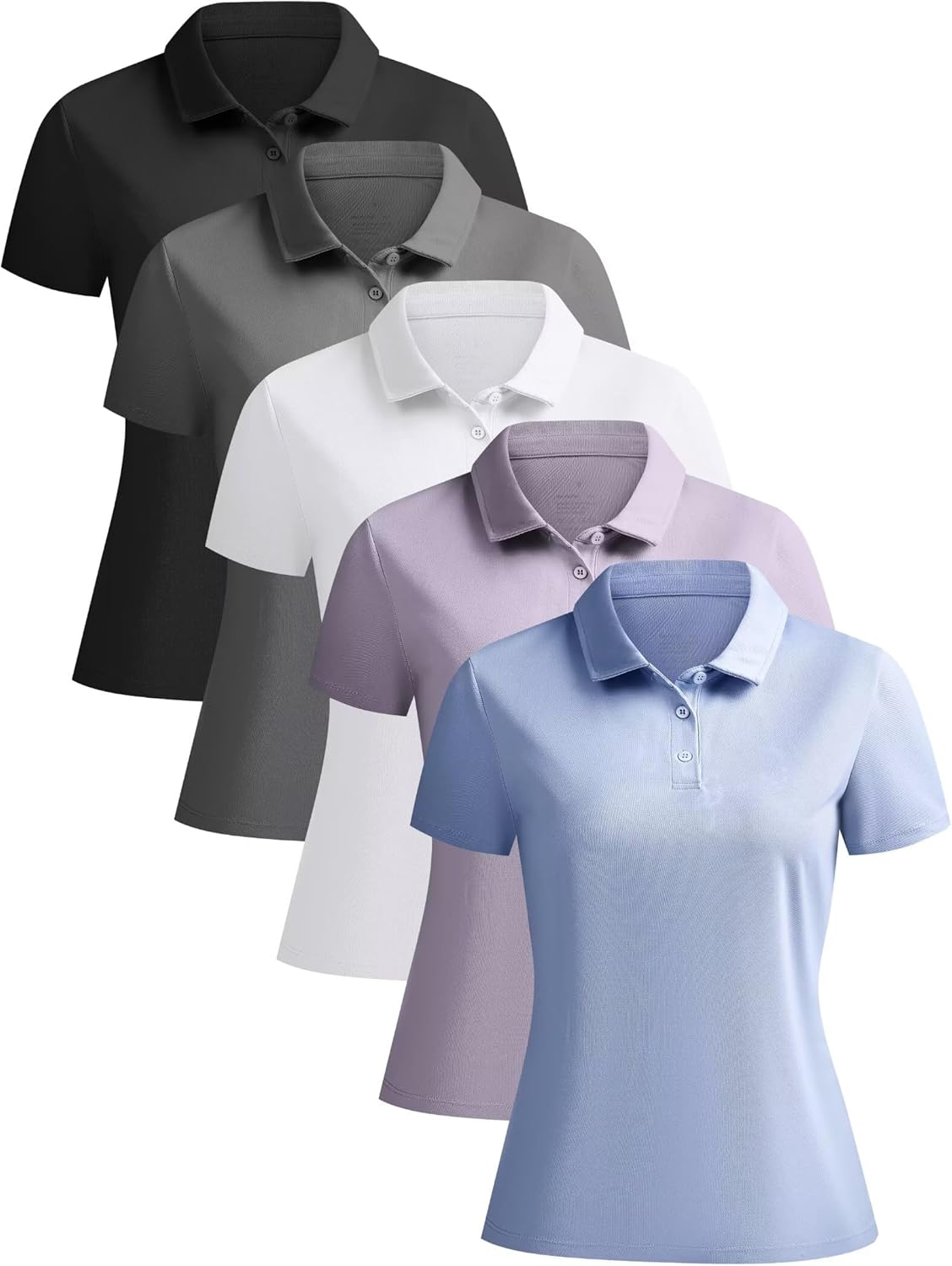 8118Pr3RmzL._AC_SL1500_.jpg 5 Pack Women's Polo Shirts Short Sleeve 3 Buttons Collared Uniform Tops Moisture-Wicking T-Shirts for Work & Casual - Image 1