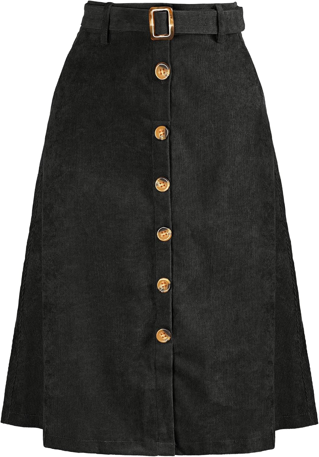 814fLCy7gKL._AC_SL1500_.jpg Women's High Waist Button Front A-Line Belted Corduroy Midi Skirt - Image 1