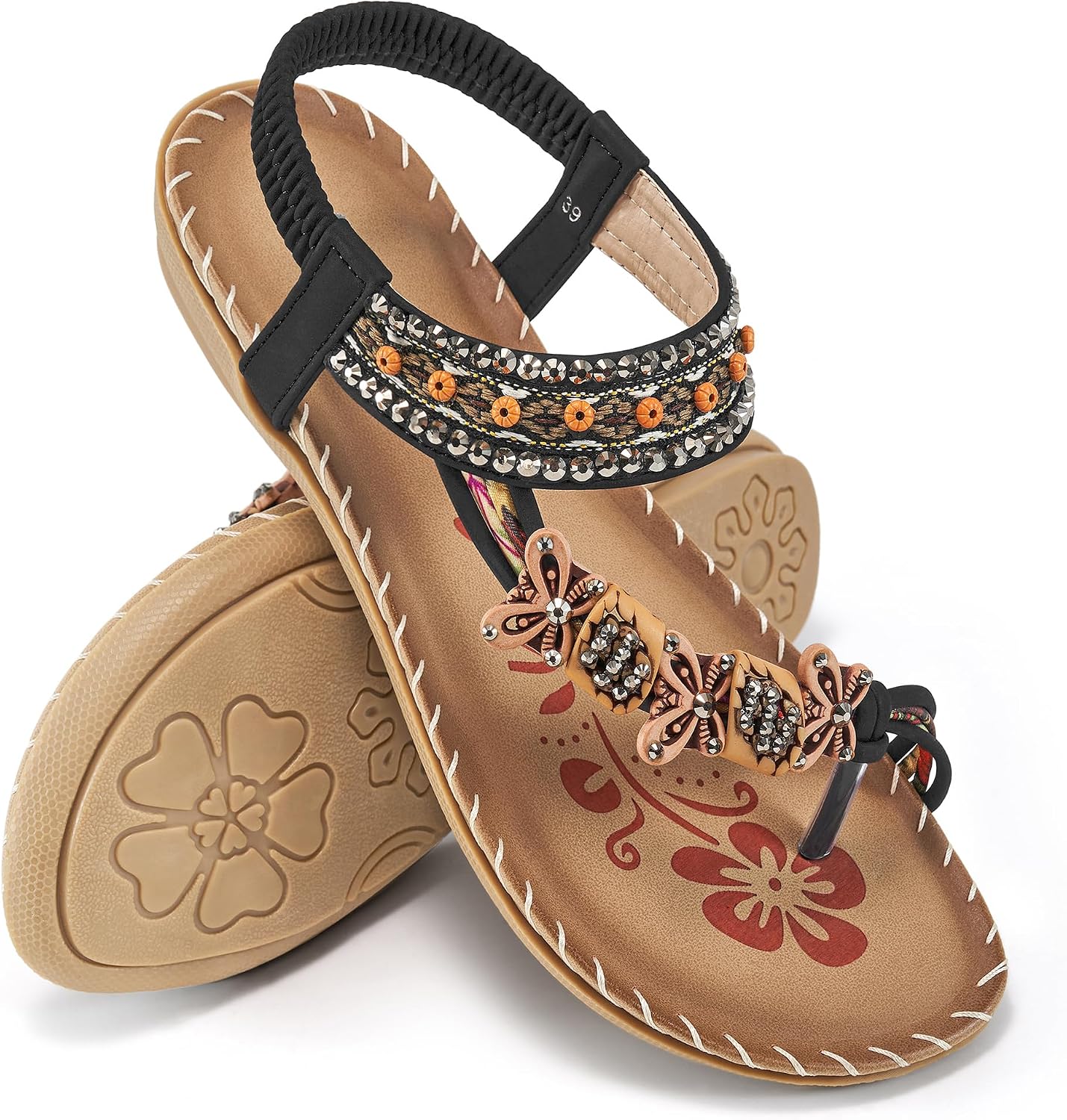 81EIWxzmPUL._AC_SL1500_.jpg Women Sandals Flats Shoes: Comfortable Bohemian Beaded Dressy Summer Flat Casual Ankle Strap Elastic Slip on Beach Sandal - Image 1