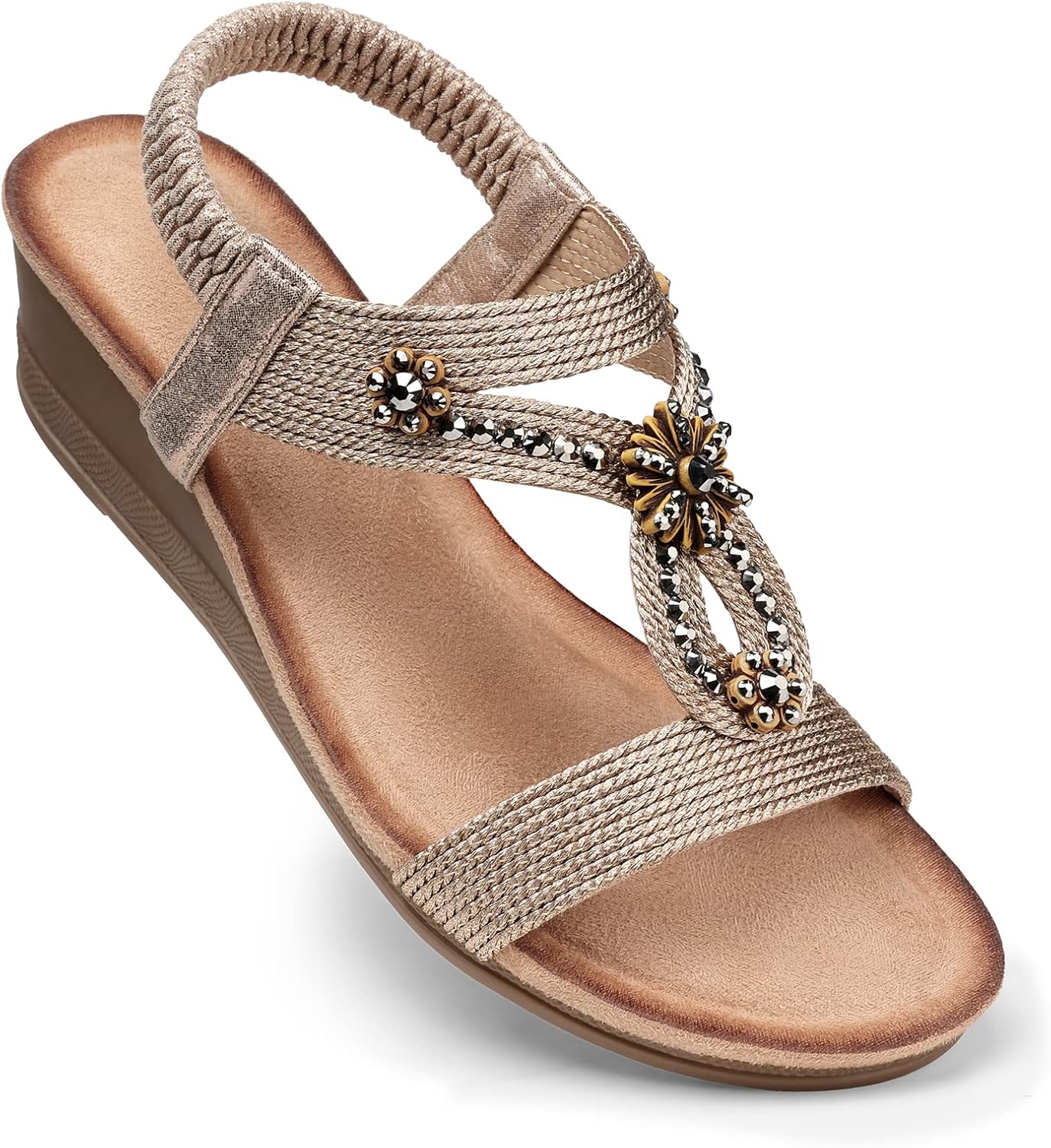 81OYlK3NArL._AC_SL1500_.jpg Women Wedge Sandals Flower Low Heel Dressy Sandals Elastic Ankle Strap Rhinestone Summer Comfortable Shoe - Image 1