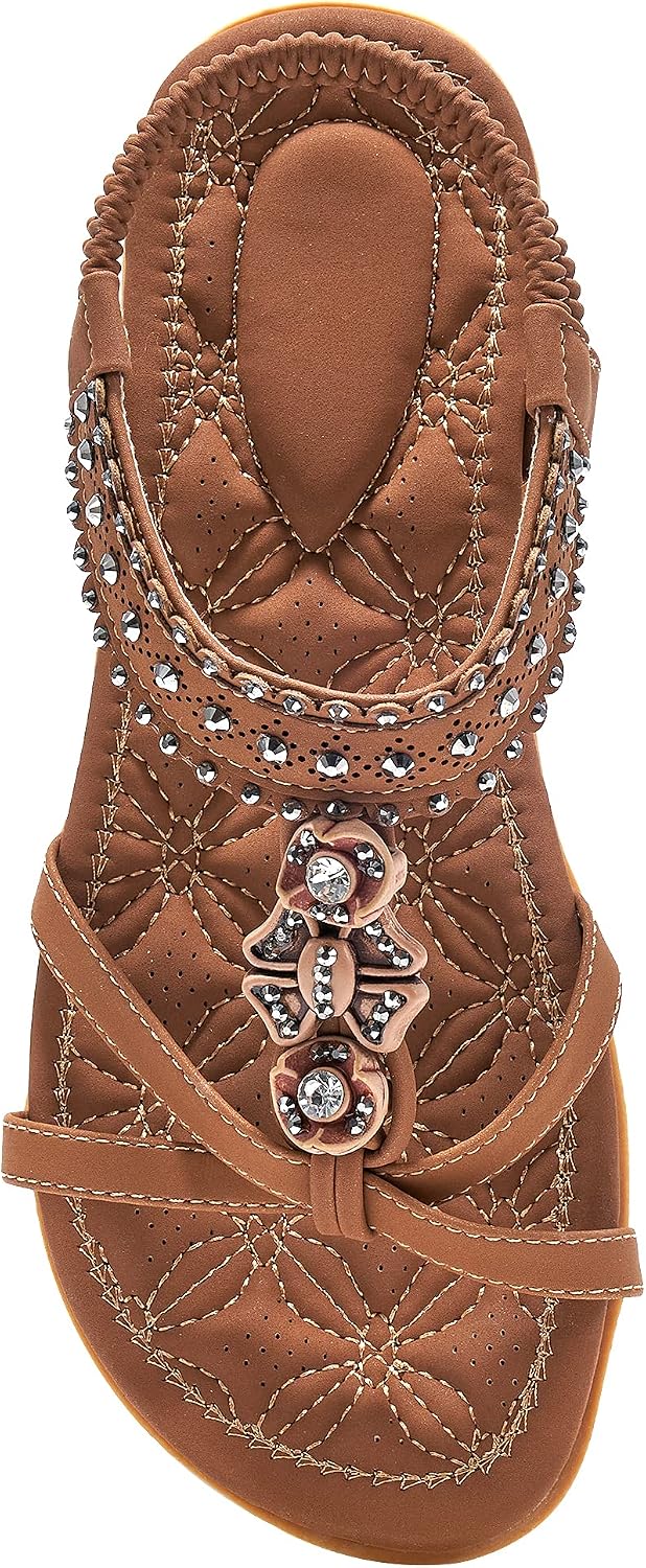 81uV8n52LqS._AC_SL1500_.jpg Women Sandals Shoes Comfort Walking with Non Slip on Casual Summer Beach Shoes Dress Ankle Elastic Jeweled Bohemian Flats - Image 1